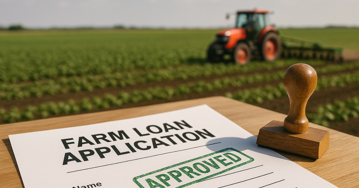 farm loan application stamped approved with a tractor and field in the background